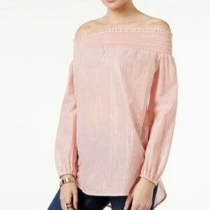 MICHAEL KORS MANDARIN & WHITE SHIMMER STRIPED OFF SHOULDER TOP